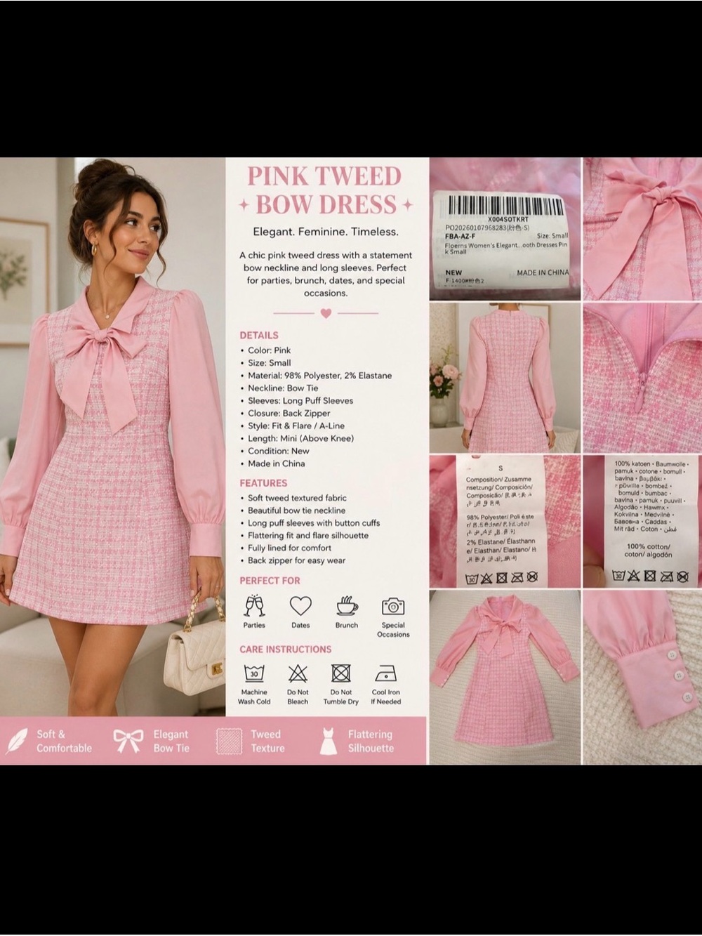 Pink Tweed Bow Mini Dress